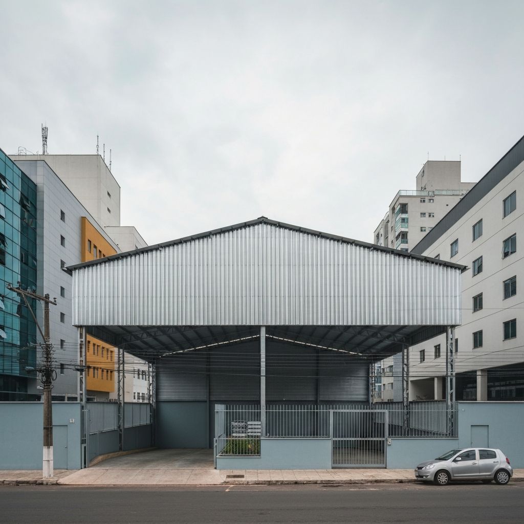 Galpão comercial com fachada simples e telhado metálico em área urbana brasileira