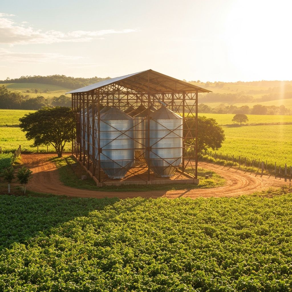 Galpão rural no Brasil com armazenamento de grãos e ambiente ensolarado